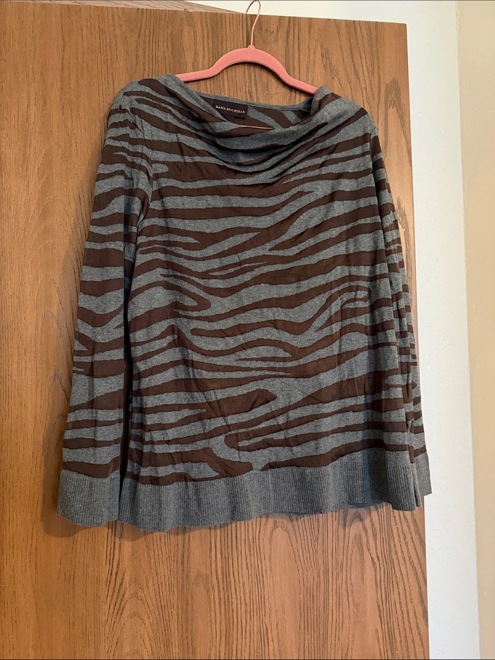 Dana Buchman Brown and Gray Zebra-Print Cowl Neck Sweater